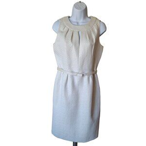Tahari Womens Elegant Sheath Dress S White Sleeveless Belted Textured Minimalist